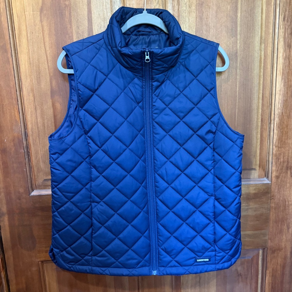 Lands End Womens Navy Blue Diamond Quilted Puffer Vest Full Zip Size M 10-12